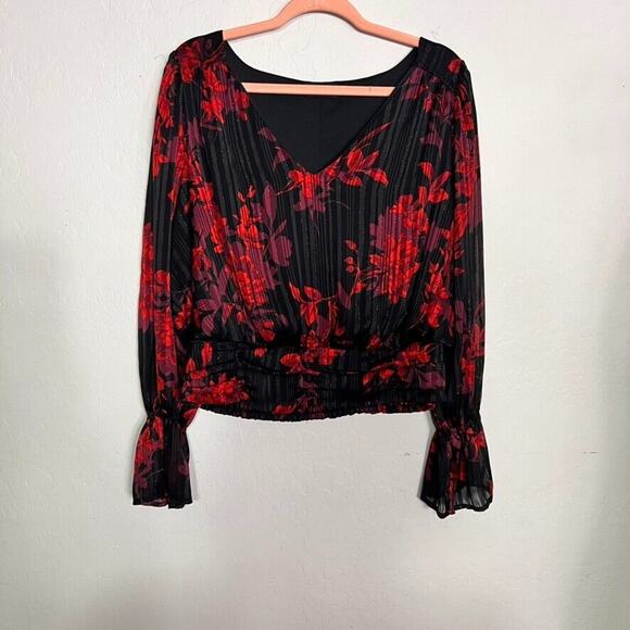 Lane Bryant Dress Shirt 16 Classic Black And Red Floral Flirty Cropped - Picture 1 of 13